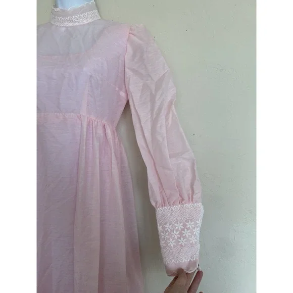 Vintage 70s Handmade Maxi Dress Baby Pink Lace Cottagecore Puff S M High Neck